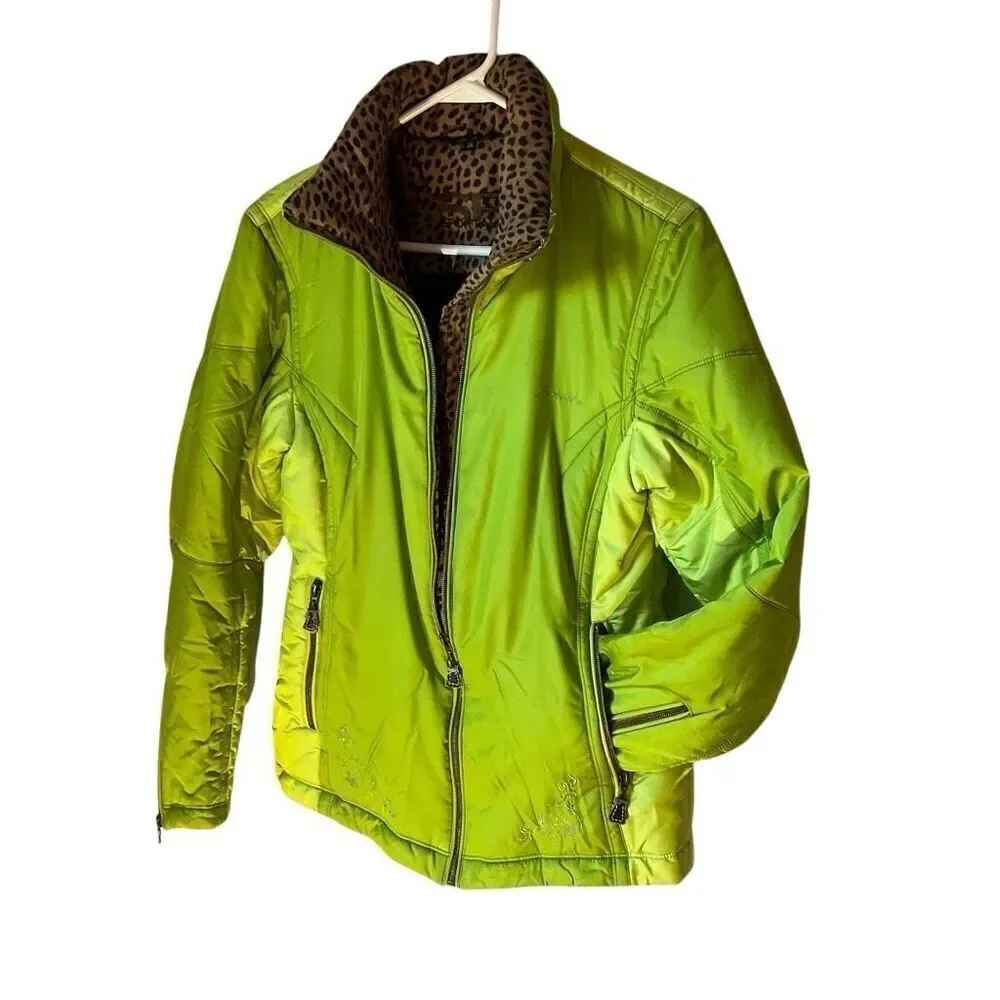 Sportalm Ski Jacket. Lime Green, Leopard Trim, Size 36/US 6